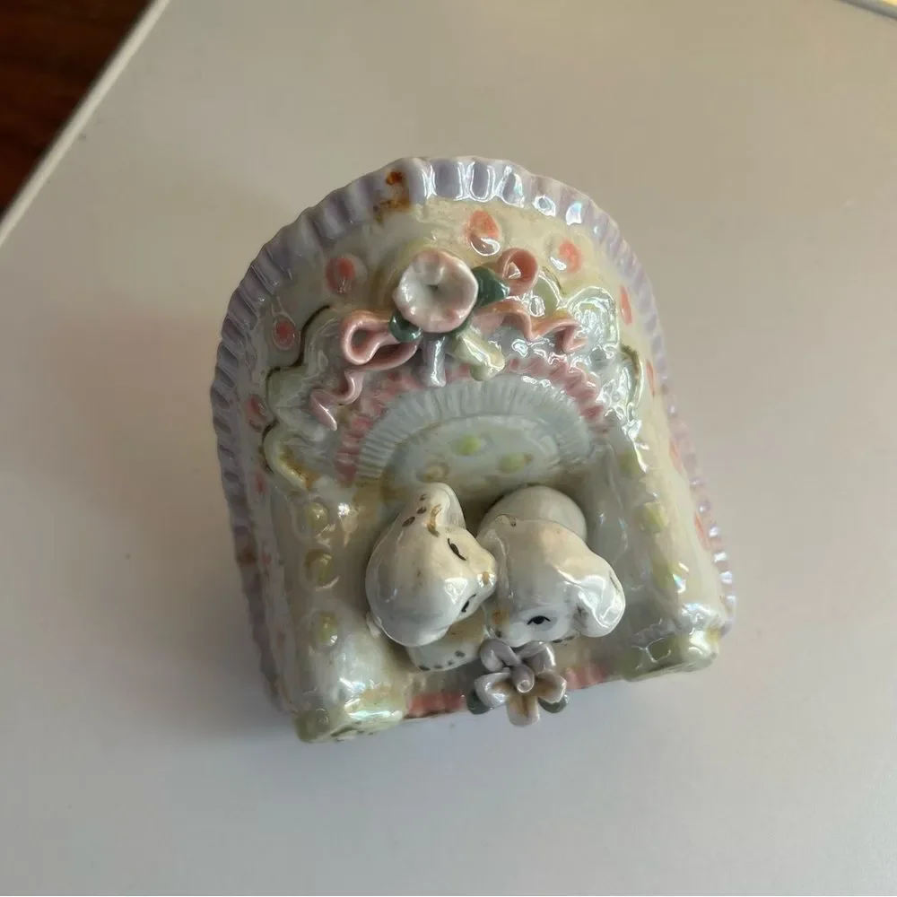 Vintage Iridescent Ceramic Puppy Dogs on Sofa Figurine Pastel Lusterware